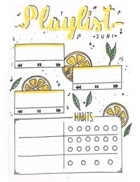 Yellow-themed Bullet-Journal-design for June with Lemons, including favourite songs and a habit tracker