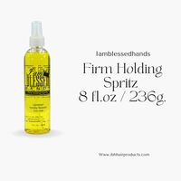 The Iamblessedhands Firm Holding Spritz is a hair product that provides hold and shape without stiffness or flaking. This spritz is designed to help lift, shape, and hold the hair while also assisting in humidity resistance to prevent frizz. Ingredients: Alcohol Denat. (SD Alcohol 40 B) Acetone, Butyl Stearate Sesamum 