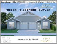 248DU-Farmhouse : Country Farmhouse Duplex 2640 Sq. Foot or 245.2 m2 |  | 3 x 3 bedroom narrow duplex plan | Farmhouse 6 bed duplex plans | 6 bed Duplex ---------------------------------------------------- BUY THIS PLAN - 6 Bedrooms - Duplex Plan  FULL CONCEPT HOUSE PLANS  Play it safe with our low cost plans with copyright release. - 6 Bedroom (3 x 3) Duplex design  - Large Living to each duplex  - Enviro Living Design - Ideal dual family home plan - Robes to all bedrooms ----------------------