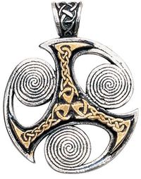 An ancient universal symbol, the Triskilian is set among three spirals of continual motion. The Isle of Man has adopted this emblem as its own. For Progress. Crafted in pewter, accented with gold and provided with a chain. Approximate size: 1.5" in diameter.