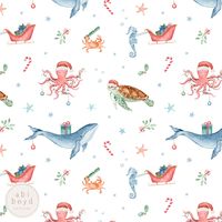 A Christmas ocean theme seamless pattern on a white background, featuring a whale, octopus, turtle in a Christmas hat, crab, sea horse and sleigh, and other Christmassy elements. A unique pattern for your Christmas products! Mockups are not to scale. All watercolour illustrations were hand painted, scanned at high resolution and cleaned to create the repeat tile. -------------------------- YOU WILL RECEIVE -------------------------- Hand painted seamless pattern design ready for printing Type: J