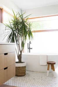 All natural, white bathroom with modern accents