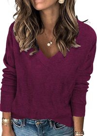 PRICES MAY VARY. Made from soft, comfortable and stretchy wool knit fabric, perfect for all body types. Classic solid color ensure that you'll reach for it every season and pair it with literally anything in your closet. This Pullover Sweater is ultimate foundational wardrobe piec，it's that versatile. Women's Trendy Sweater Jumper Top features a unique block patterns on the surface, regular long sleeves, classic sexy v-neck, ribbed knitted neckline, cuffs and hem, Ultra-feminine designed, relaxe