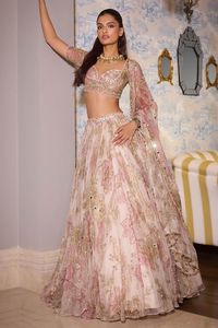 Buy Pink Organza Print Bloom Sequin High Round Wafaa And Embellished Lehenga Set For Women by Mahima Mahajan Online at Aza Fashions.