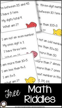 Challenge your first and second grade math students with this FREE set of one dozen riddle cards for the numbers 1-120. This new set addresses early addition and subtraction, comparing numbers, place value, and basic coin knowledge, and is great as a supplement to 120 Riddles Set 1. What a fun way to review math vocabulary and skills while you also model inferring and drawing conclusions! http://primaryinspiration.blogspot.com/2017/01/120-new-math-riddles-and-sample-too.html