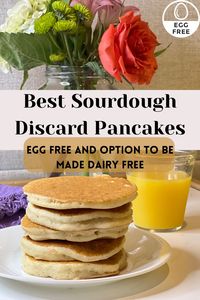 You have 20 minutes to make something, why not serve up some of the best sourdough discard pancakes!? We all want something simple, quick and hopefully healthy, and these pancakes check all the boxes. They are thick and supple, golden brown, and taste marvelous with a tiny bit of the classic sourdough flavor trickling through. Added bonus, no eggs are in this recipe! And, these can be made dairy free if you’d like. An Egg free breakfast that is easy and delcious with these sourdough pancakes!