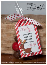 Reindeer Noses, Printable Bag Toppers, Rudolph, Treat Bag Toppers, Christmas Party Favors, Christmas Gift, Holiday Favor, Instant Download Reindeer Noses - Gift Tag Labels - Printable gift tags with reindeer names that you can package up and give away as gifts. They also make great party favors! Please see my additional printables including gift tags, Hershey Bar wrappers, mini candy bar wrappers, cupcake toppers and more for a complete PARTY PACKAGE! DIRECTIONS:  (1) Print the tags on cardstock or a thicker paper (I prefer photo paper or matte paper) (2) Cut out the tags using pinking shears or scissors (3) Attach tag to bag of reindeer noses with your favorite ribbon Bags for noses can be purchased at Target, JoAnn Fabrics, Hobby Lobby, or Michaels Arts & Crafts stores or your local craf