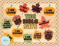 Biblical Affirmation Bulletin Board Kit Included: - 3 border options - words - 14 pumpkins with affirmations  Download, print & cut *wood background not included