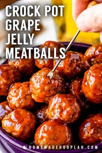 Crock Pot Grape Jelly Meatballs! Tender meatballs slow cooked in a sweet chili sauce made with grape jelly and chili sauce. Makes for a fun changeup of traditional cocktail meatballs and great for serving at parties and potlucks. | HomemadeHooplah.com