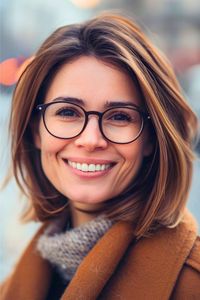 This straight bob is cut to flatter, not overpower, pairing perfectly with your glasses. It keeps things simple, with clean lines that mean fast styling.  Click here to see more stunning hairstyles for women over 40 with glasses.