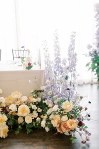 The George Madcap and Lounge in Milwaukee, WI. Grounded floral ceremony arch to circle around bride and groom. Transferred post ceremony to sweet heart table. Spring pastel florals. Peony, sweet pea, delphinium, allium, ranunculus, roses, scabiosa. Photography by Autumn Silva Photography