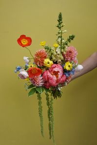 hanging amaranthus, poppies, dahlias