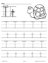 This printable letter T worksheet includes four lines for tracing the letter T - two lines of uppercase T's and two lines of lowercase t's. There is also a section at the top that includes a picture of a turtle your kiddos can color. Letter T worksheets like this one are perfect for preschoolers and kindergartners to practice tracing and handwriting skills, and they work great in the classroom or at home! To get the most use out of letter tracing worksheets, you might consider either laminating