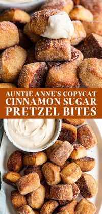 Better than Auntie Anne's! These easy copycat Cinnamon Sugar Pretzel bites are the best homemade snack or dessert recipe. Made with yeast for ultra fluffy, buttery pretzel bites that are coated in cinnamon sugar. Perfect for serving a crowd on game day! Served with an easy cream cheese frosting dip. #pretzelbites #cinnamonsugarpretzelbites