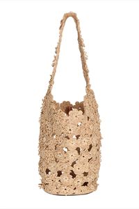 The Floral Crochet Tote in Natural from our Summer Swim 2023 Collection. A raffia tote featuring a leather tie closure and base.