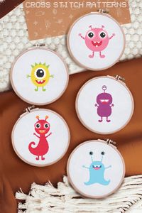 A set of 5 Different Monsters, Cross Stitch Templates in PDF Format, Cross Stitch Monsters, Monster University Cross Stitch Scheme, Easy