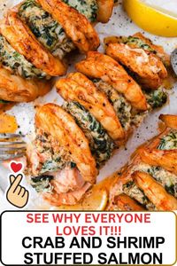 Elevate your dinner with Crab and Shrimp Stuffed Salmon - a decadent feast of succulent salmon filled with a rich, savory mix of crab and shrimp.