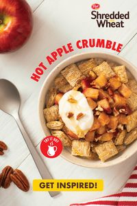 Greet your morning with the comforting flavours of a delicious hot apple crumble. Made with: Spoon Size Shredded Wheat cereal, Apples, Pecans, Vanilla, Cinnamon, Nutmeg, Maple Syrup