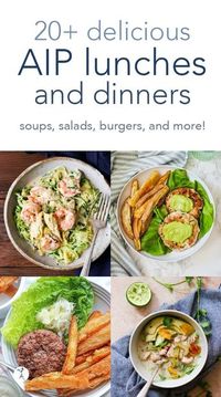 On the lookout for paleo meals to fit the autoimmune protocol restrictions? Here are over 20 delicious AIP lunches and dinners to get you started... #aip #autoimmuneprotocol #lunch #dinner #soup #beef #chicken #salad #burgers #paleo #gapsdiet #whole30