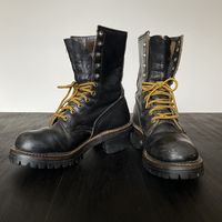 "VINTAGE :: Rare 90s Red Wing Combat Military Utility Boots  COLOUR :: Black / Yellow  FIT/TAG :: UK 6.5 Womens MATERIAL :: Leather / Rubber  CONDITION :: Good MEASUREMENTS ::  Total Foot Length Outer - 26.5cm // 10.5\"  Total Foot Length Inner - 24.5cm // 9.5\"  Width at widest point - 10cm // 4\"  Total Height of Boot - 25.5cm // 10\"   DETAILS :: Authentic Red Wing heavyweight combat work boots in great vintage condition w/ yellow & black laces. A few scuffs & tongue tear, overall minimal wear. NOTE :: Each hand selected vintage or preloved piece is a one-of-a-kind item & can only be purchased by a single customer. Measurements are in cm/inches lying flat (double width for circumference). Any major details, features or flaws will be described or photographed. POLICY :: Please ask any qu