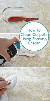 Use chaving cream to get out carpet stains! No need to buy crazy expensive chemicals at the store! A must try: http://www.ehow.com/how_7396636_use-shaving-cream-clean-carpet.html?utm_source=pinterest.com&utm_medium=referral&utm_content=freestyle&utm_campaign=fanpage