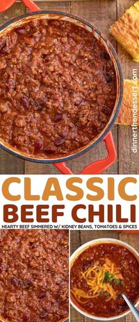 Classic Beef Chili is a ONE POT classic comfort food made with ground beef, beans, crushed tomatoes, and spices, ready in under 45 minutes!