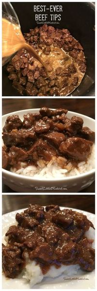 BEST-EVER BEEF TIPS- Tender beef cooked in a deliciously rich gravy, served over rice, mashed potatoes or egg noodles - a satisfying, filling meal the whole family will love. Simple to make comfort food that's easy to adapt to your taste!