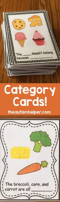 Check out these Category Cards! The set contains 72 "Name that Category" cards and 72 "What Doesnt Belong" cards. From theautismhelper.com