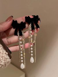 Black Plush Bow, Faux Pearl & Tassel Dangle Earrings, Luxurious Long Drop Bridal EarringsI discovered amazing products on SHEIN.com, come check them out!