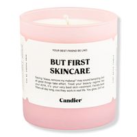 But First Skincare Candle -  Candier But First Skincare Candle. Saying "Alexa, remove my makeup" may sound tempting, but all good things take effort. Treat your beauty regime like your 401K, it's your very best skin-vestment. Facials beat filters all day long, cos they work in real life. You glow, Girl! xo    Features     100% natural soy wax 60+ hours burn time     Formulated Without     Carcinogens Parabens Phthalates     Key Notes     Orange Peel Cardamom Sea Salt Amber Musk Palm Leaves   - B