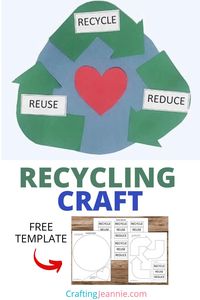 Make this Recycling Craft! Get the Free Printable and instructions for this fun Recycling Activity for Kids! I show you step-by-step how to make the supplies and even include lots of tips to make crafting easier for groups of kids. Great for Preschool, Elementary school, scouts and of course Earth Day! #RecylingCraft #Earthday #preschoolcraft #kidcraft #CraftingJeannie