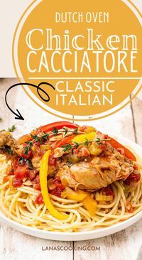 You're going to fall head over heels for my Traditional Italian Chicken Cacciatore! It's a savory, rustic, one-pot chicken stew simmered in a Dutch oven with tomatoes, peppers, and onions and served over pasta. This recipe will be your new favorite for family dinners.