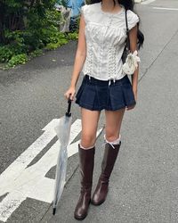 Ootd, style inspo, brown knee high boots, denim pleated skirt, lace bow socks, white button lace up top, fall fashion, spring fashion, miffy bag charm, girly outfit, soft city girl aesthetic