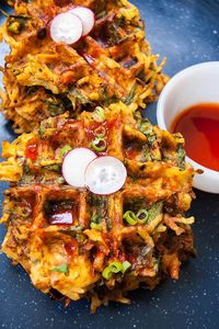 Soyrizo and Spinach Hash Brown Waffles with Sriracha Syrup