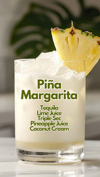 This Piña Margarita blends tequila, lime juice, triple sec, pineapple juice, and coconut cream for a creamy, tropical twist on the classic cocktail. Served in a salt-rimmed glass with pineapple and lime garnish, it’s perfect for those who enjoy a sweet and tangy beverage with a smooth finish. #piñamargarita #margarita