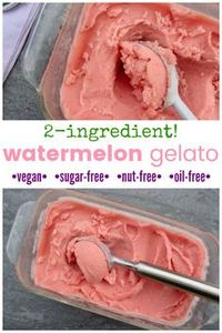 Just 2 ingredients for this delicious, dairy-free WATERMELON GELATO. Sugar-free, vegan, gluten-free, and nut-free. No ice cream maker needed. Healthy and easy! #vegan #watermelon #gelato