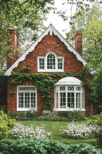 Countryside English brick manor house with white windows bay windows vine on facade front yard with native flower garden. The whimsical allure of countryside houses makes these charming abodes more than just a roof and four walls amidst the rolling hills and chattering wildlife.