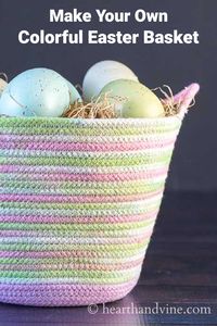 Clothesline rope and regular food dye come together to make this cute Easter basket. See this easy beginner sewing project.