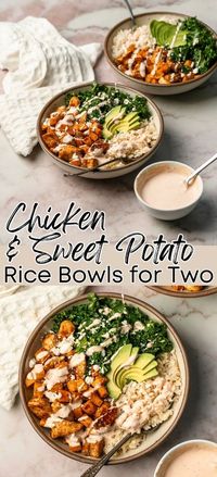 A delicious and nutrient-dense recipe for roasted chicken and sweet potato rice bowls topped with roasted chicken breast, roasted sweet potatoes, massaged kale, crumbled feta cheese, avocado, and a creamy chipotle sauce. This is a small batch recipe that makes two chicken and sweet potato rice bowls. #chickenricebowls #chickenkalebowls #sweetpotatobowl #healthyrecipeideas #healthydinnerideas #recipesfortwo #smallbatchrecipes