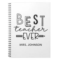 Gift this cute personalized notebook featuring the quote "Best Teacher Ever" for teacher appreciation! Made using fun handwritten typography and a cute pencil, the notebook makes for a special gift for back to school, the first day of school, or for Christmas.