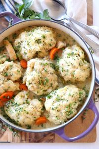 Fall is here and Chicken and Herb Dumplings is the quintessential meal of rainy day comfort. A one pot meal with fluffy delicious dumplings. #comfortfood #chicken #soup #onepotmeal #dumplings