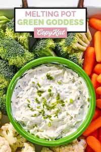 The Melting Pot Green Goddess is rich and creamy with vibrant herb flavors. Get the easy copycat recipe and find out how to make the best green goddess dip with cream cheese, sour cream, onion, and fresh herbs. This flavorful dip is great for fresh vegetables and can also be used as a salad dressing.