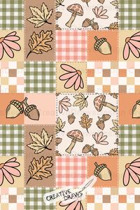 A High Quality Hand Drawn Digital Seamless Pattern Acorns, Mushrooms, Leafs, Flowers, Gingham and Checkers. This Cute Patchwork Digital Repeating Digital Paper File is Perfect for Autumn and Thanksgiving. A Seamless Pattern Design by CreativeDrawsDesign for Personal and Commercial use. Patchwork Surface Pattern.