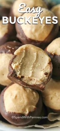 A Buckeye cookie is a delicious no-bake peanut butter ball dipped in chocolate. #spendwithpennies #easyrecipe #buckeyes #peanutbutterballs #buckeyecookes #easydessert #holiday #festivedessert #chocolatedipped