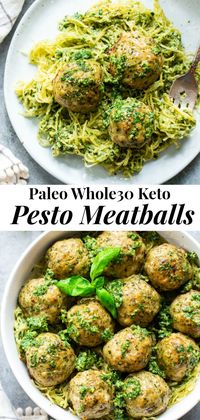 These pesto chicken meatballs are loaded with flavor, easy to make and packed with protein and healthy fats.  A great weeknight meal served over spaghetti squash or zucchini noodles, they’re Paleo, Whole30 compliant and keto friendly too! #Paleo #whole30 #keto #lowcarb #pesto