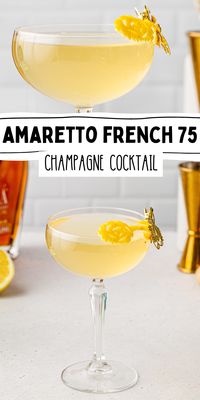 The Amaretto French 75 is a twist on the classic French 75, a gin and Champagne cocktail with fresh lemon juice. The addition of Amaretto liqueur in this drink adds an amazing warmth and flavor! It's such a tasty drink and perfect for any classy occasion, from a wedding cocktail menu to an evening cocktail party.