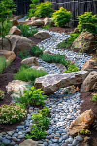 Use one or two large boulders as focal points in your landscape. Surround them with smaller rocks and plants for a natural look. Consider adding a spotlight to highlight the boulders at night. Hashtags for Sharing #RockGarden #LandscapingIdeas #FrontYardDesign #GardenRocks #RockPathway #OutdoorLiving #GardenInspiration #StoneLandscape #RockMulch #ZenGarden