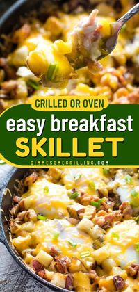 This Breakfast Skillet starts with fresh potatoes, cheese, and bacon made in a cast iron skillet. This breakfast recipe makes a great addition to your brunch ideas for Christmas. Pin this Christmas brunch recipe!