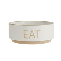 This Top Paw White Embossed Eat Ceramic Dog Bowl is stylish, strong and sturdy. This solid tan bowl features one of your dog's favorite words at the heart of its design, and features a non-skid bottom to minimize the potential of spills. Only at PetSmart. Features: Says "Eat" Non-skid bottom Includes: 1 Dog Bowl Intended Pet(s): Dog Material(s): Ceramic Color: White, Tan Product Dimensions: 6 in x 6 in x 2.5 in Capacity: 26 fl oz (769 mL) Care Instructions: Dishwasher safe. Microwave safe. Cauti