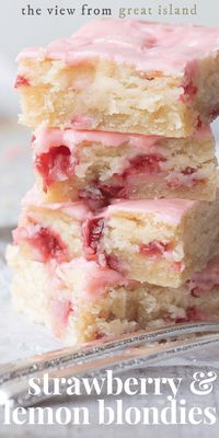 Strawberry Lemon Blondies ~ this easy strawberry dessert is moist and dense, (like soft shortbread) with lots of fresh strawberries and tangy lemon. #easy #recipe #blondies #strawberry #lemon #dessert #baking #best #moist #glazed